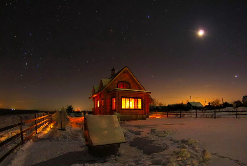 Wooden Cabin at Night — Black