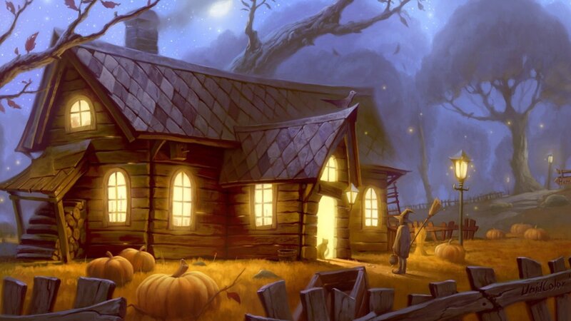 Wooden Cabin at Night — Purple