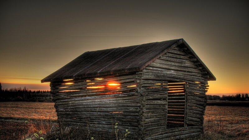 Wooden Cabin at Sunset — Orange, Dramatic, Photograph