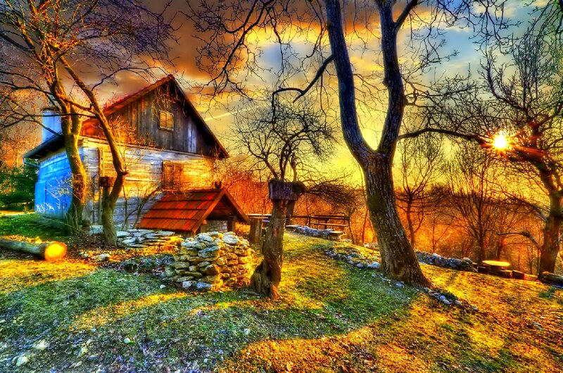 Wooden Cabin at Sunset — Orange, Dramatic