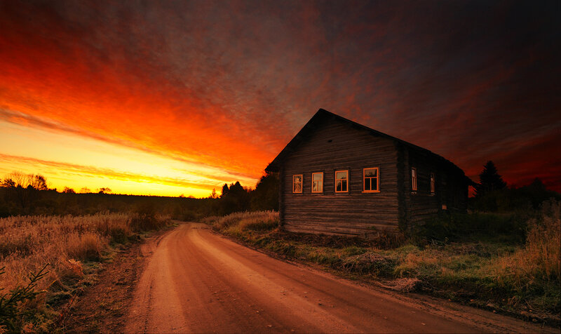 Wooden Cabin at Sunset — Orange