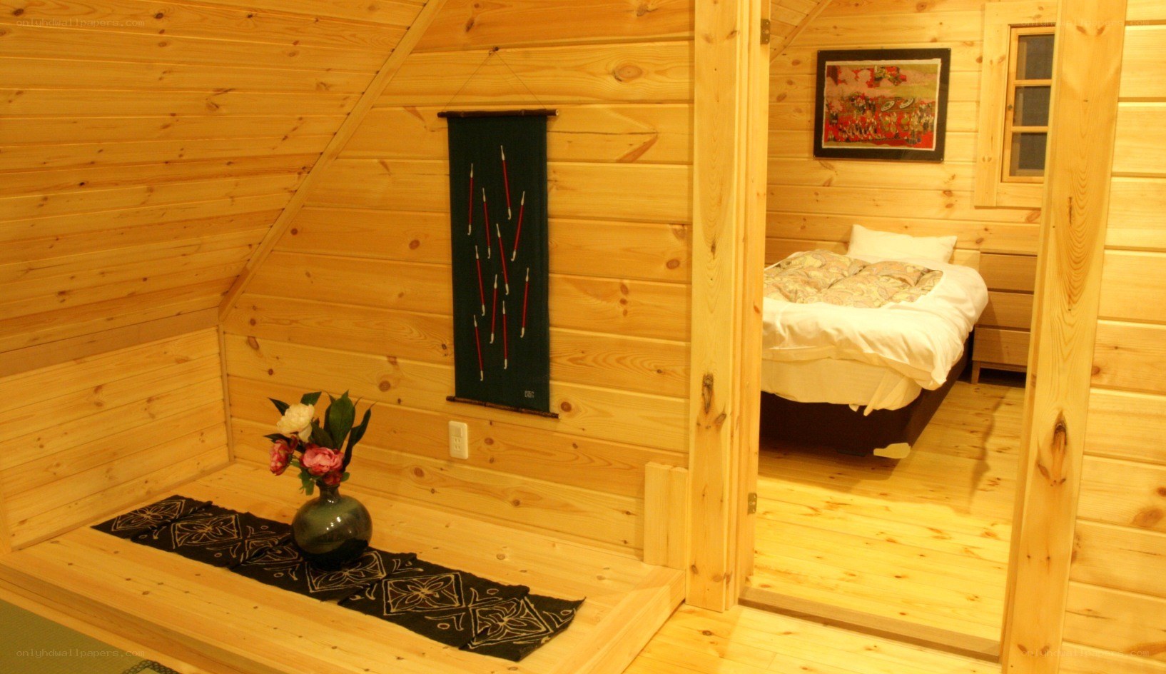 Wooden cabin bedroom interior
