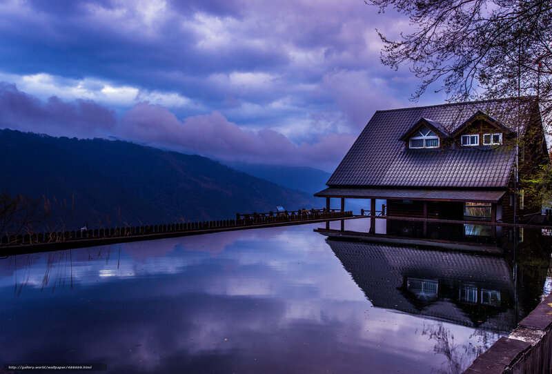 Wooden Cabin by Lake — Blue, Serene, Night, Photograph