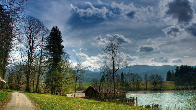 Wooden Cabin by Lake — Blue, Serene, Spring