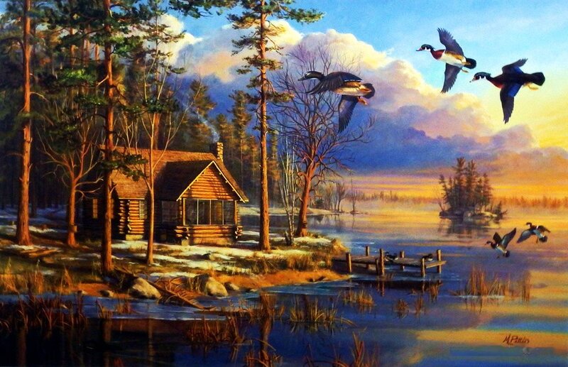 Wooden Cabin by Lake — Blue, Serene, Sunset, Painting