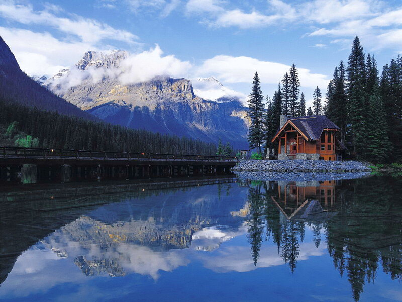 Wooden Cabin by Lake — Blue, Serene
