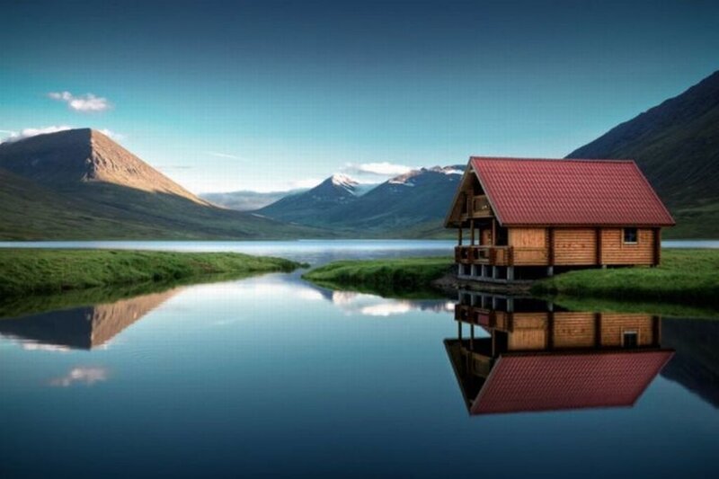Wooden Cabin by Lake — Blue