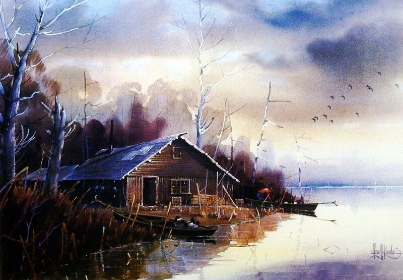 Wooden Cabin by Lake — Brown, Serene, Sunset
