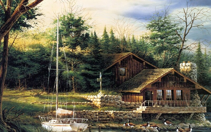 Wooden Cabin by Lake — Brown, Serene
