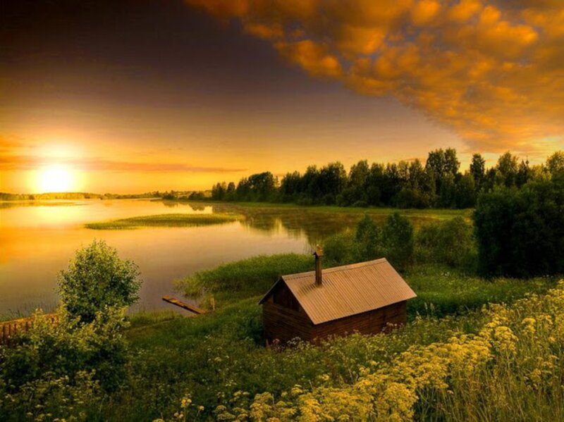 Wooden Cabin by Lake — Orange, Serene