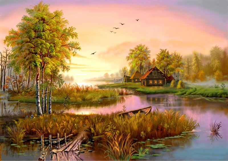 Wooden Cabin by Lake — Pink