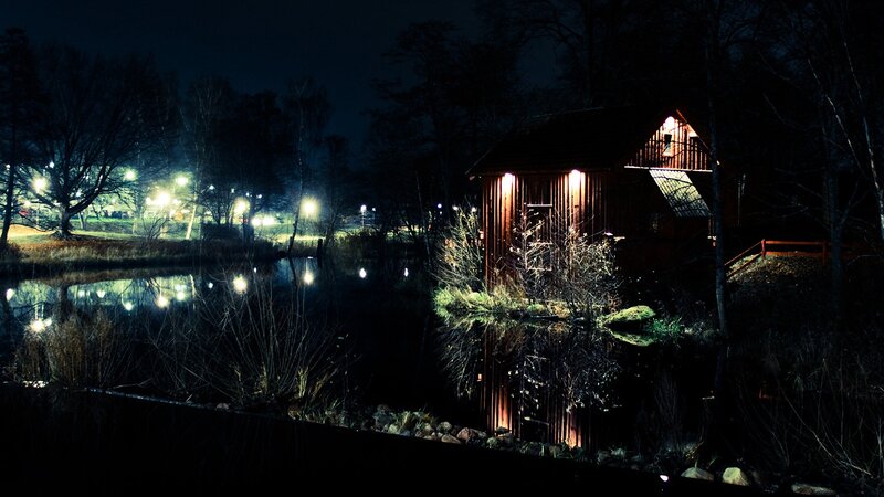 Wooden Cabin by Pond — Black