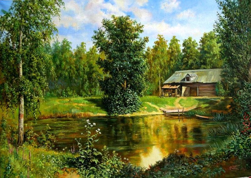 Wooden Cabin by Pond
