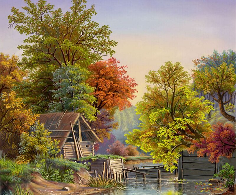 Wooden Cabin by River — Green, Serene, Autumn, Painting