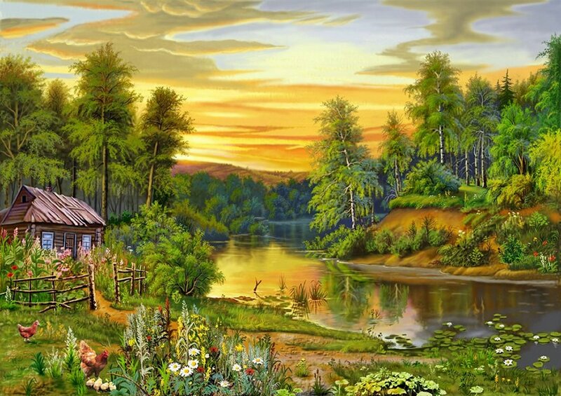 Wooden Cabin by River — Green, Serene, Sunset