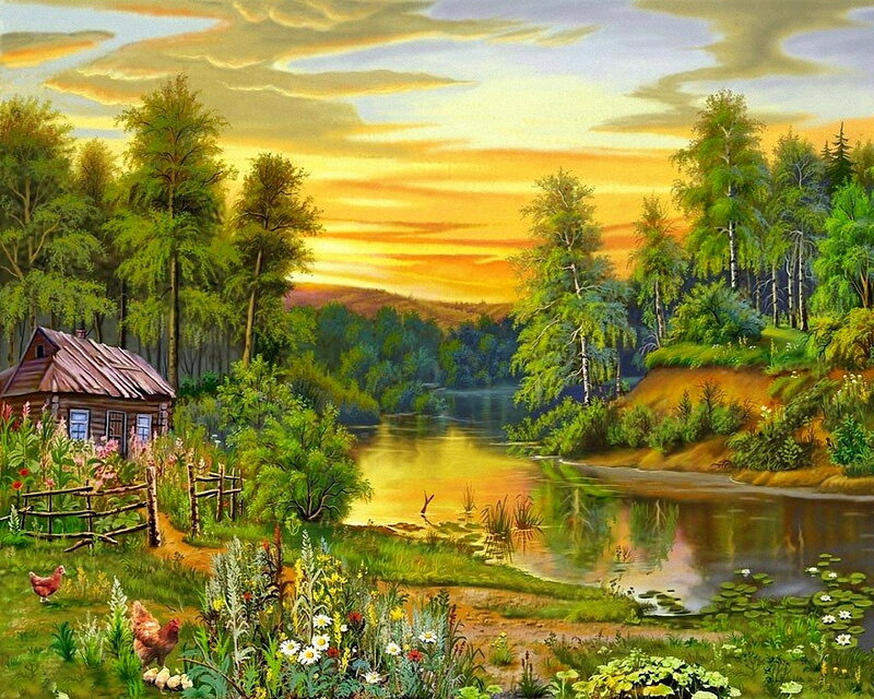 Wooden Cabin by River — Green, Serene