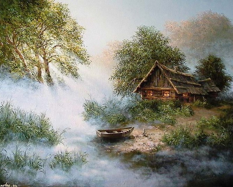 Wooden Cabin by River — Green