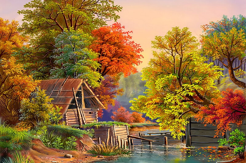 Wooden Cabin by River — Orange