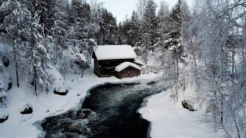 Wooden Cabin by River — White, Serene