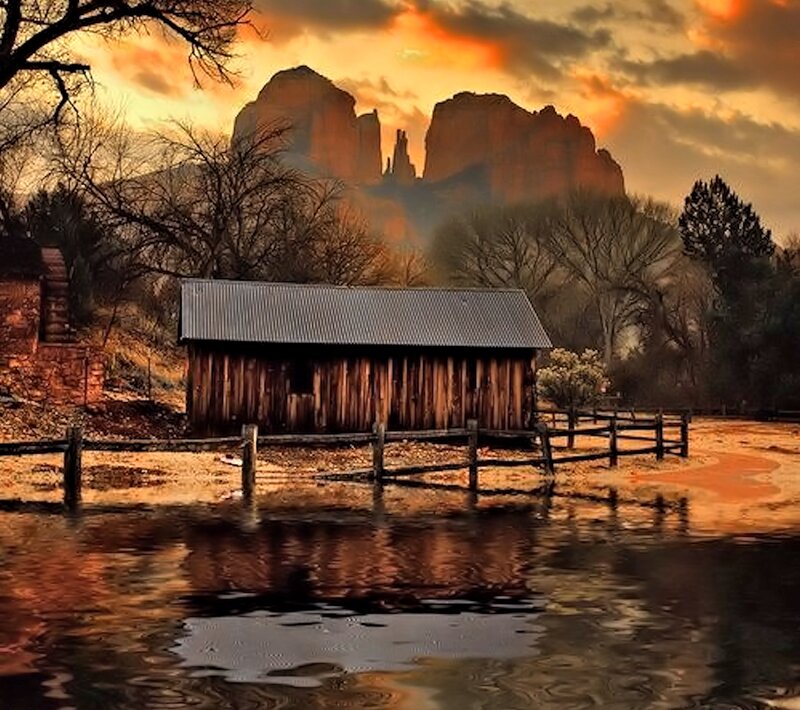 Wooden Cabin by Water — Orange