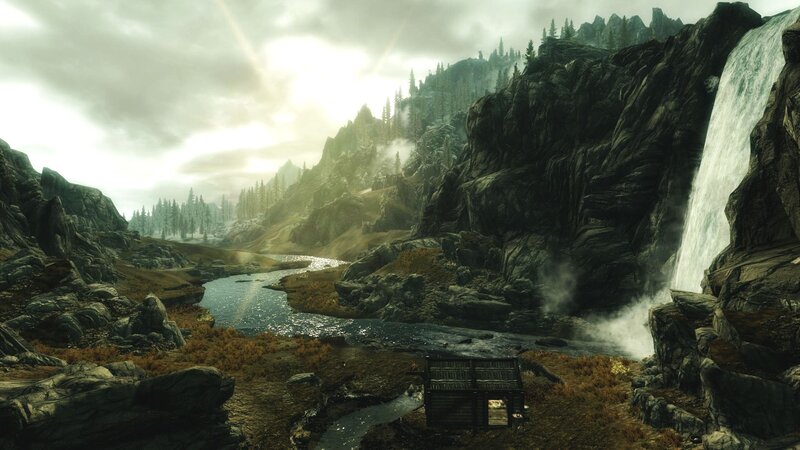 Wooden Cabin by Waterfall