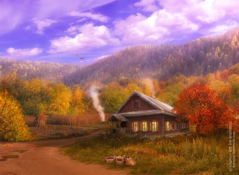 Wooden Cabin in Autumn — Purple