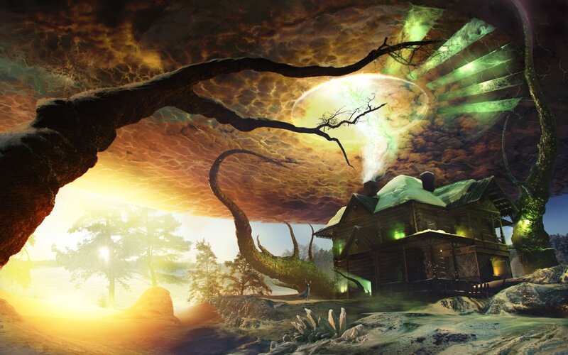 Wooden Cabin in Fantasy Landscape