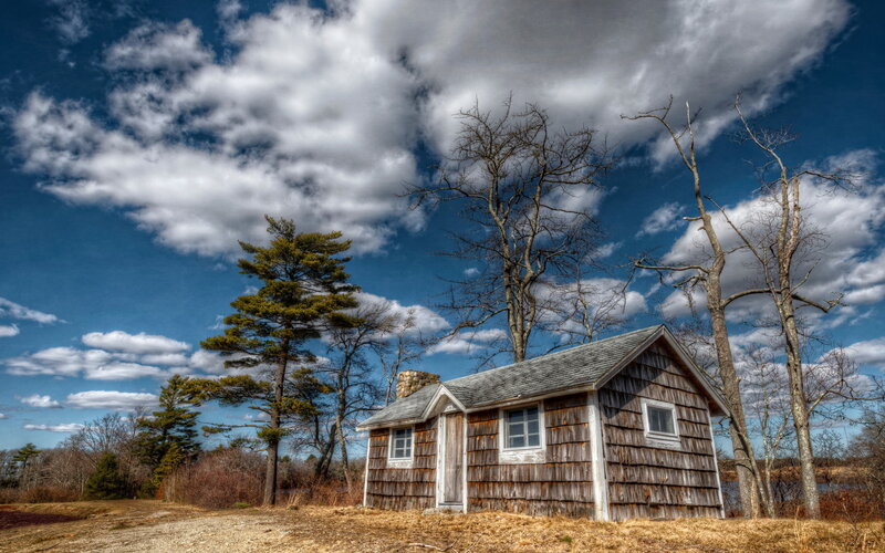 Wooden Cabin in Field — Blue, Dramatic