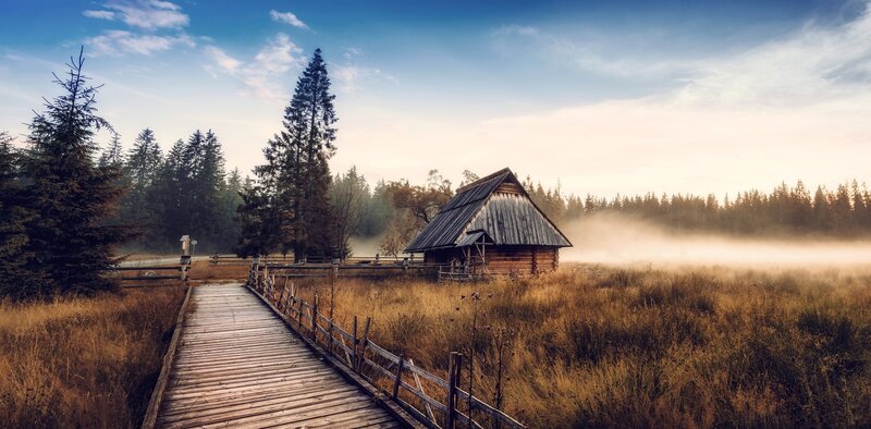 Wooden Cabin in Field — Blue, Serene
