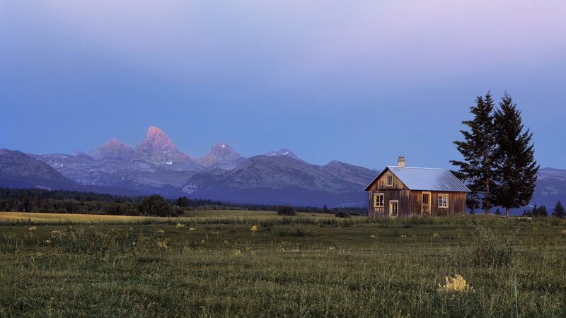 Wooden Cabin in Field — Blue