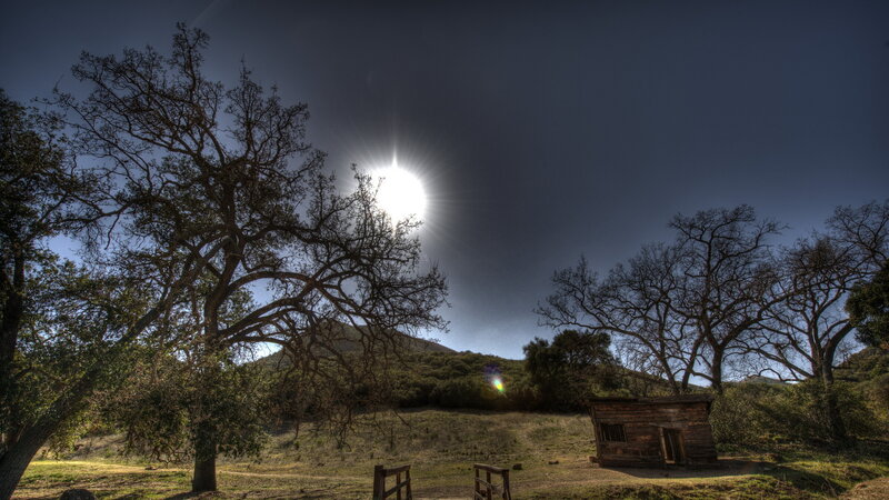 Wooden Cabin in Field — Green, Dramatic, Afternoon