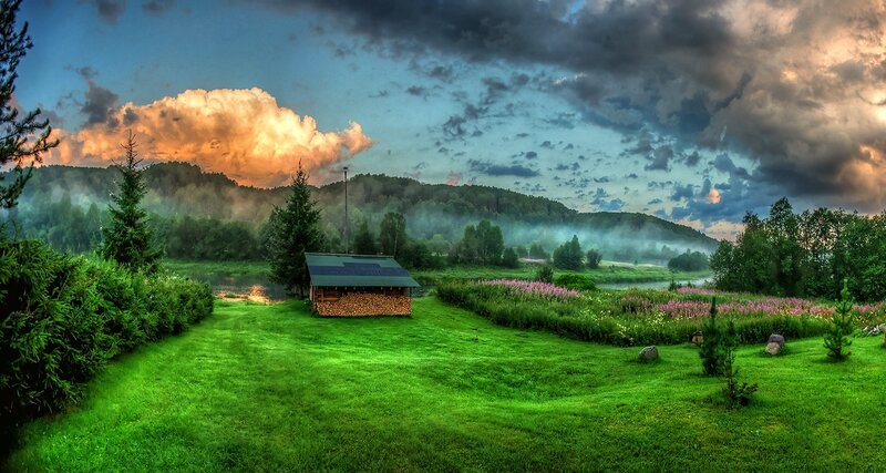 Wooden Cabin in Field — Green, Dramatic, Sunset