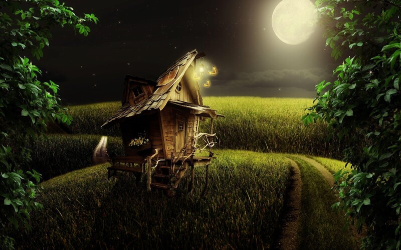 Wooden Cabin in Field — Green, Serene, Night, Digital Art