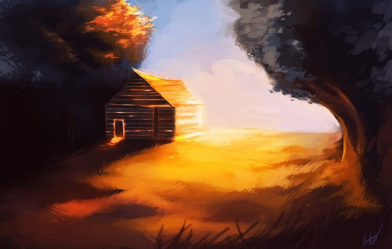 Wooden Cabin in Field — Orange