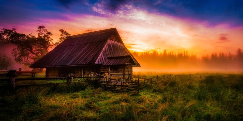 Wooden Cabin in Field — Purple