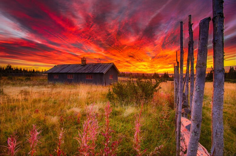 Wooden Cabin in Field — Red, Dramatic