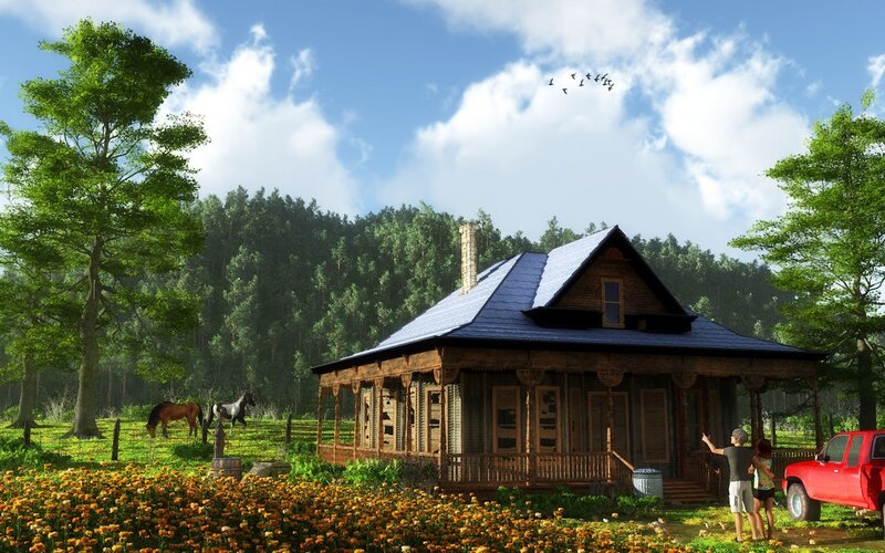 Wooden Cabin in Field