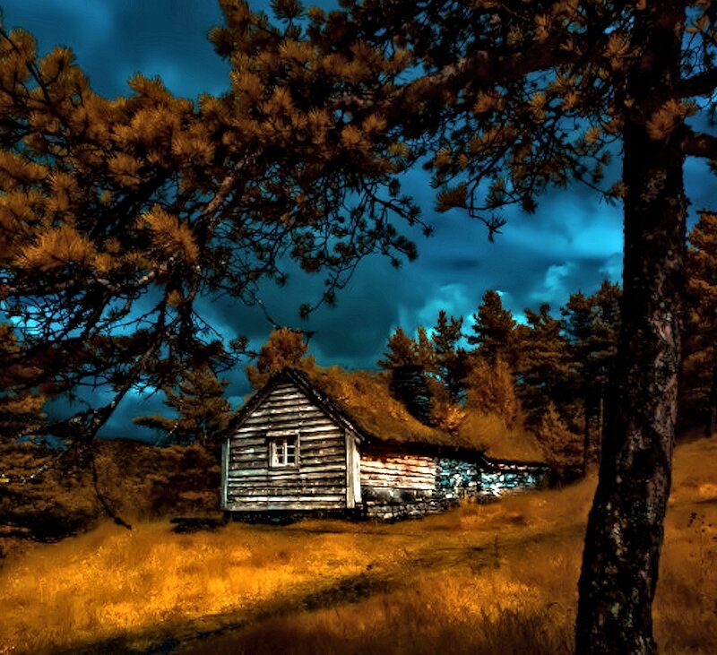 Wooden Cabin in Forest — Blue, Dramatic