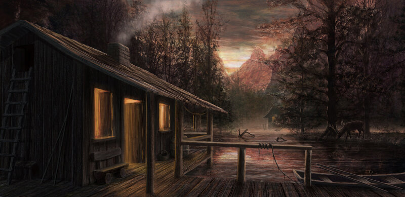 Wooden Cabin in Forest — Brown, Serene, Sunset
