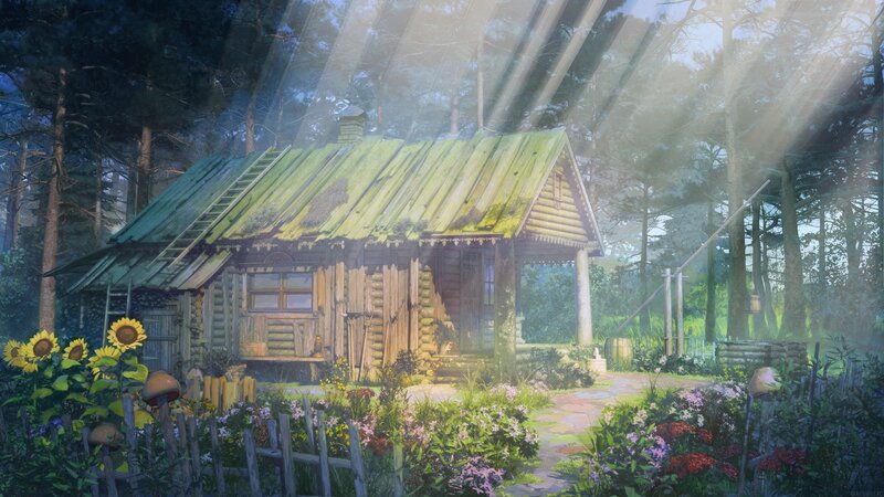 Wooden Cabin in Forest — Green, Serene, Morning, Digital Art