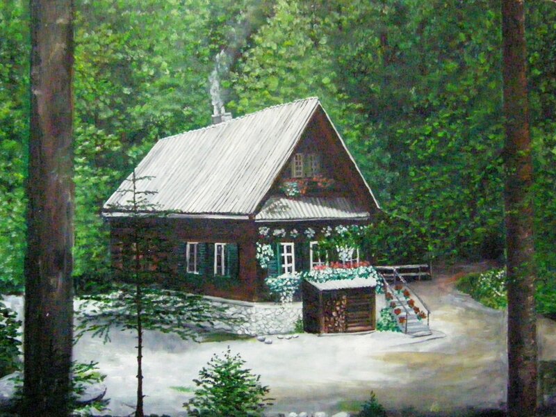 Wooden Cabin in Forest — Green, Serene, Summer, Painting