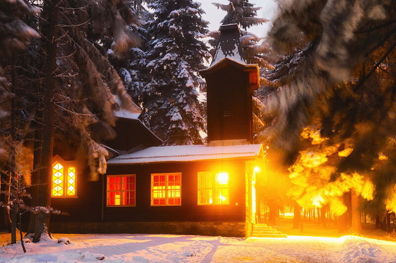 Wooden Cabin in Forest — Yellow, Dramatic