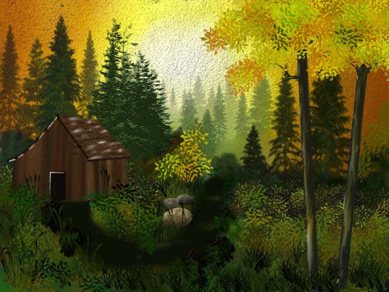 Wooden Cabin in Forest — Yellow, Serene, Autumn, Digital Art