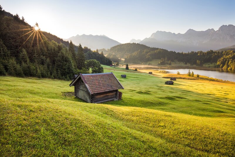 Wooden Cabin in Meadow — Green, Serene, Morning