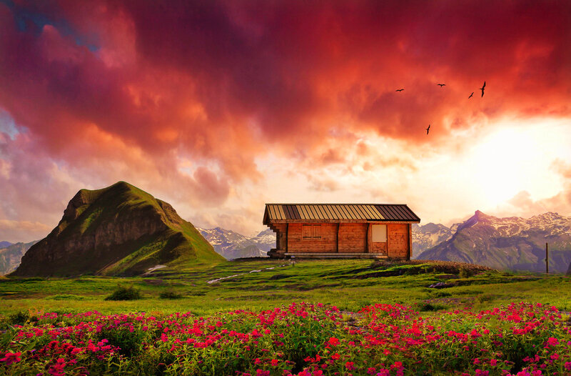 Wooden Cabin in Meadow — Red
