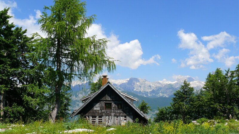 Wooden Cabin in Mountains — Blue, Serene