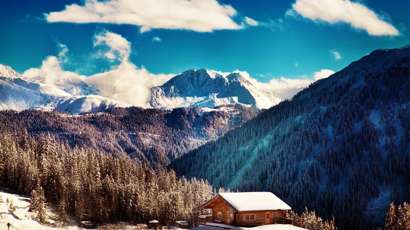 Wooden Cabin in Mountains — Blue, Serene, Winter, Photograph