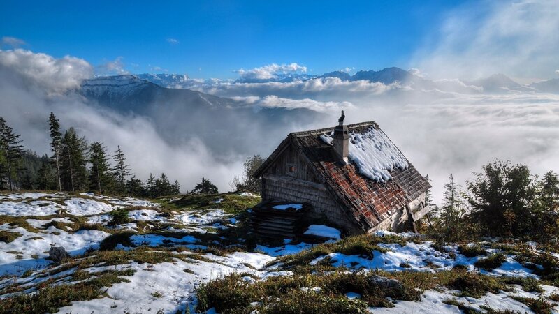 Wooden Cabin in Mountains — Blue, Serene, Winter