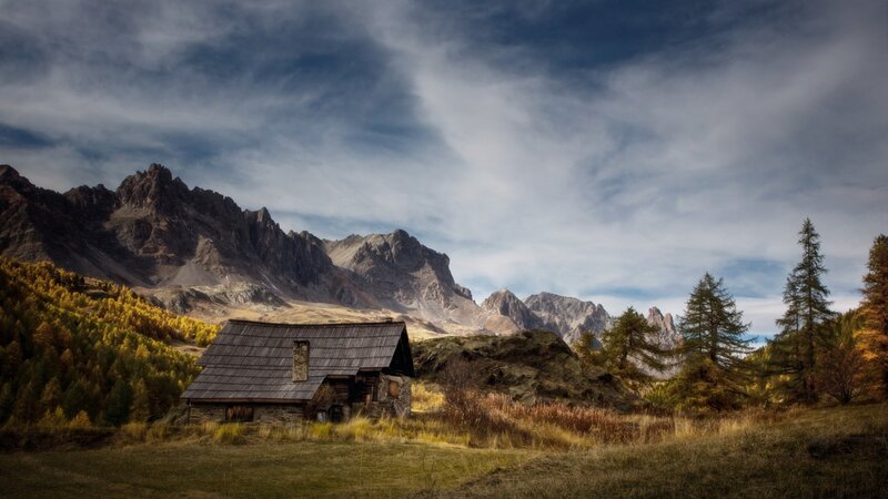 Wooden Cabin in Mountains — Brown, Dramatic, Autumn
