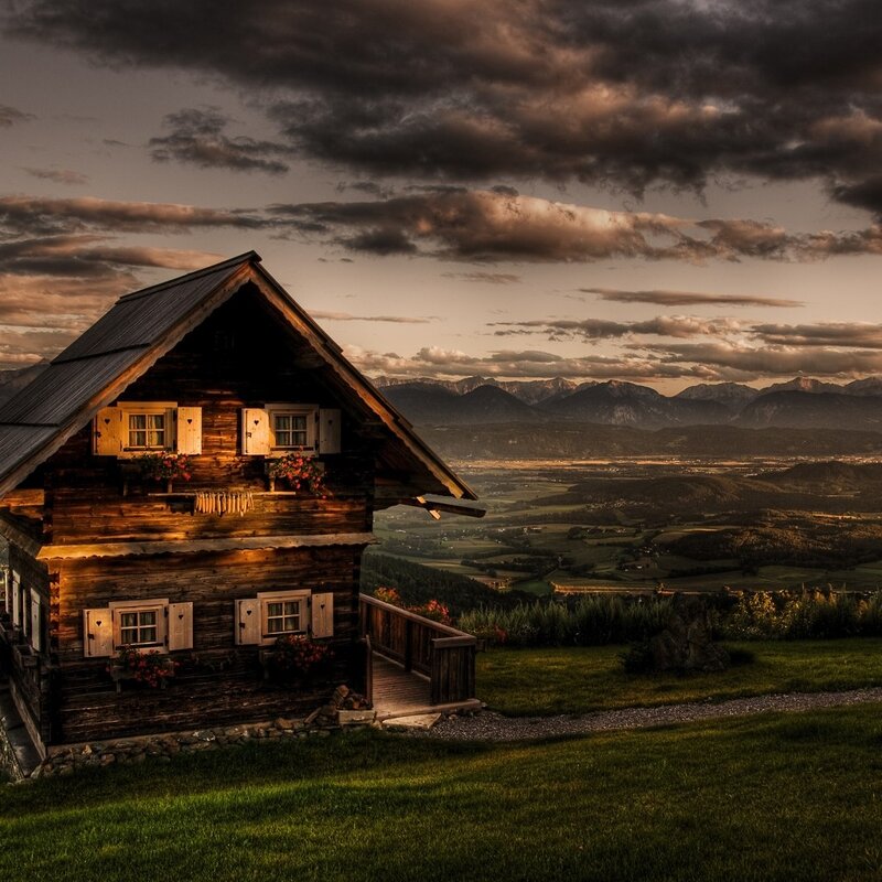 Wooden Cabin in Mountains — Brown, Dramatic, Sunset